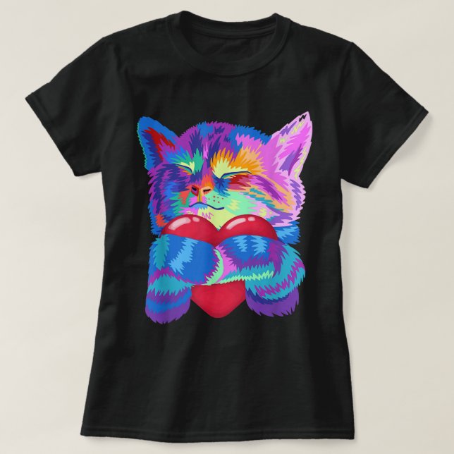 Camiseta Colorful Cat Hugging Heart Art (Frente do Design)