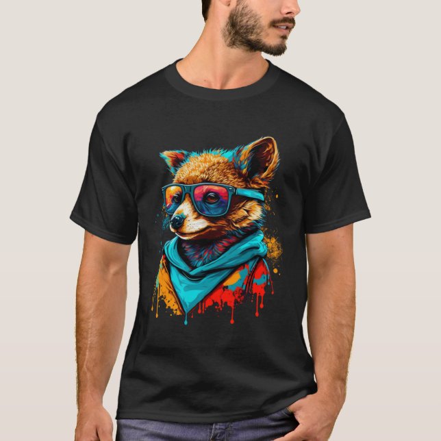 Camiseta Colorful Cute Raccoon with Sunglasses Animal (Frente)