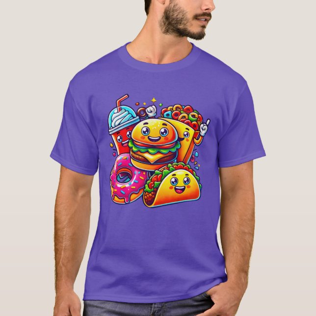Camiseta Colorful Happy Food Friends Digital Cartoon Art fu (Frente)