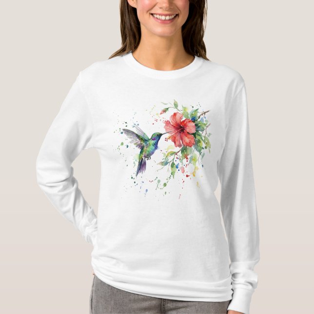 Camiseta Colorful Hummingbird Watercolor Floral Nature Art (Frente)