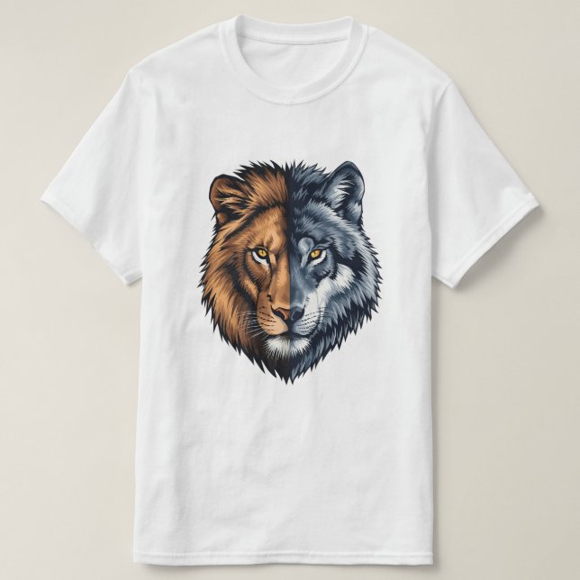 Camiseta Colorful Lion Wolf Split Face Illustration  (Frente do Design)