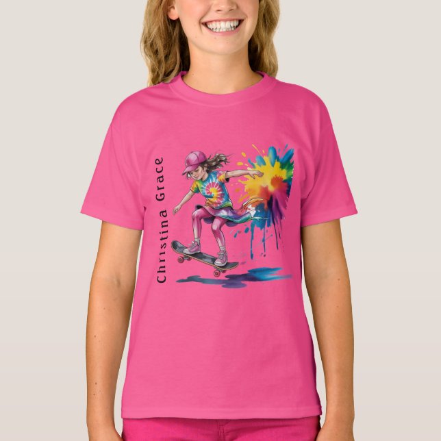 Camiseta Colorful Painted Girl Skateboarder Birthday Name (Frente)