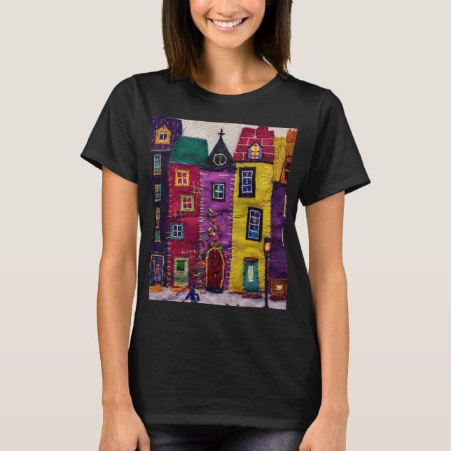 Camiseta Colorful Patchwork Houses Textile Art (Frente)