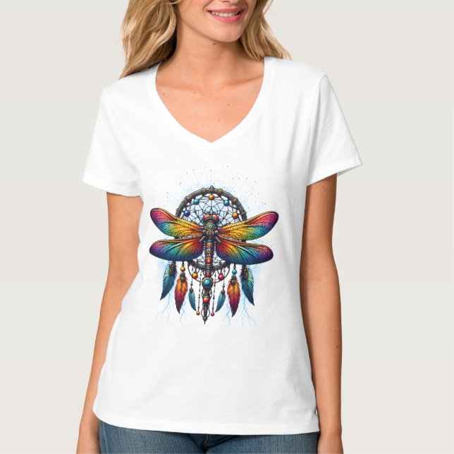 Camiseta Colorful Psychedelic Dragonfly Dreamcatcher Boho (Frente)