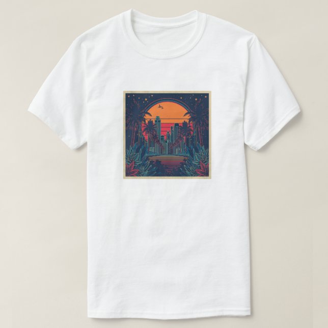 Camiseta Colorful Retro Futuristic Doodle Style Skyline (Frente do Design)