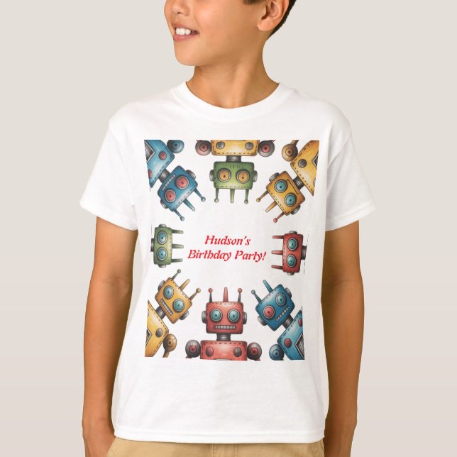 Camiseta Colorful Retro Robots Boy Birthday Party (Frente)