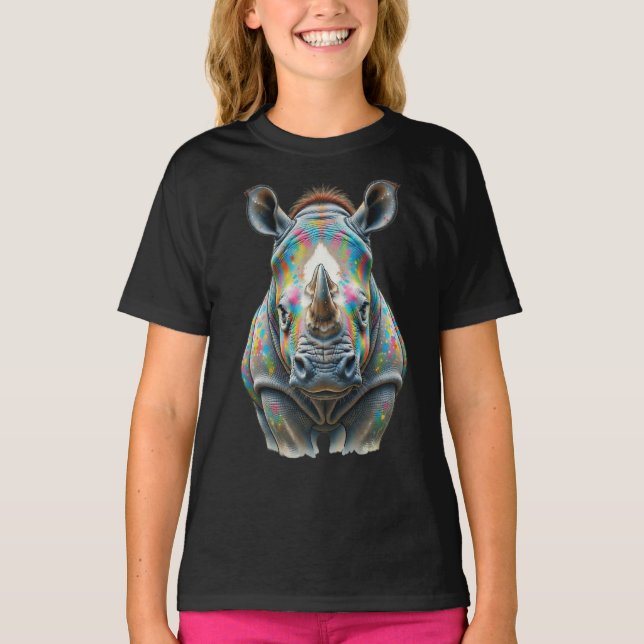 Camiseta Colorful Rhino Portrait Vibrant Wildlife  (Frente)