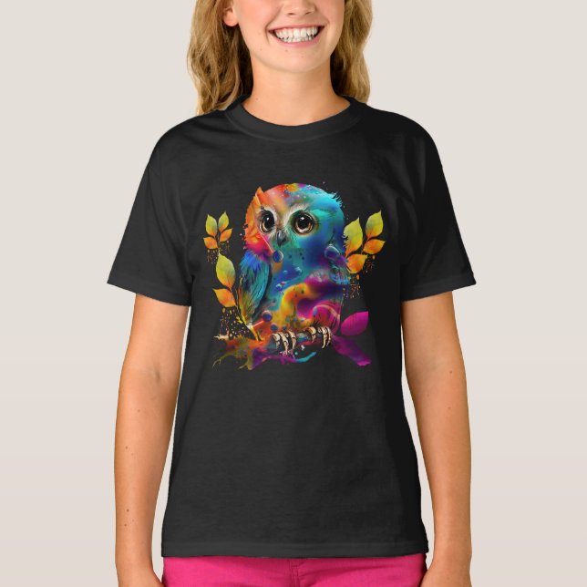 CAMISETA COLORIDA ABSTRATA DE CORUJA (Frente)