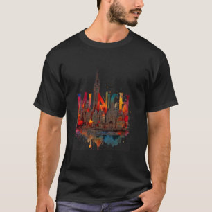Camiseta Colorida Arte em Aquarela da Silhueta de Munique, 