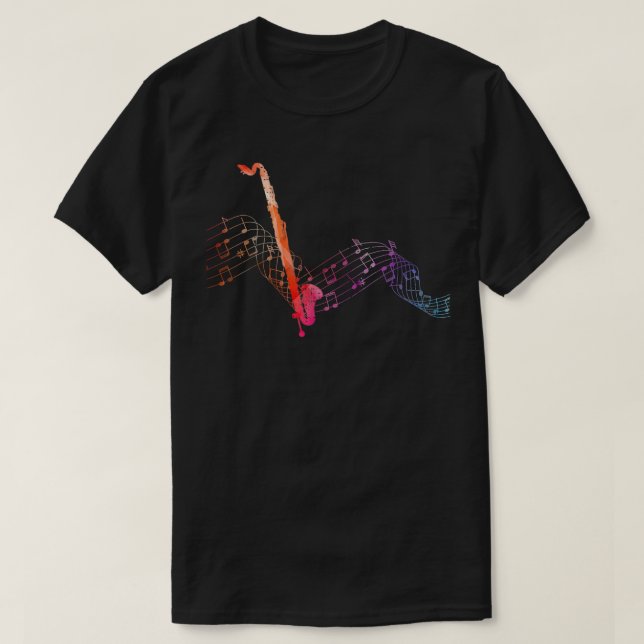 Camiseta Colorida Bass Clarinet na folha de música Contraba (Frente do Design)
