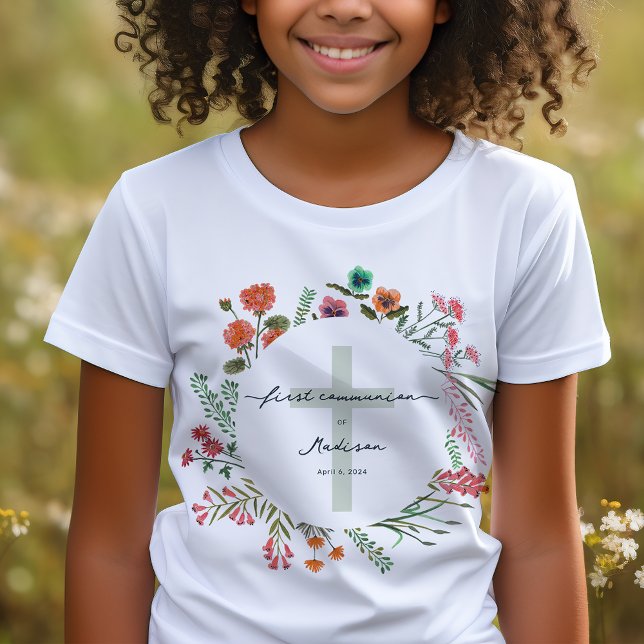 Camiseta Colorida Flor Selvagem Primeira Comunhão Sagrada (Colorful Wildflower First Holy Communion T-Shirt)