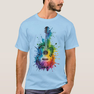 Camiseta Colorida Melodia: Violão Pintado em Música Vintage