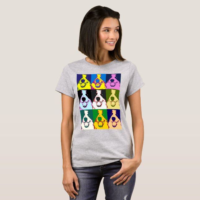 Camiseta Colorida Retro Border Collie Pop Art Women's (Frente Completa)