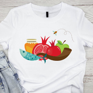 Camiseta Colorida Rosh Hashanah Frutas e Abelhas