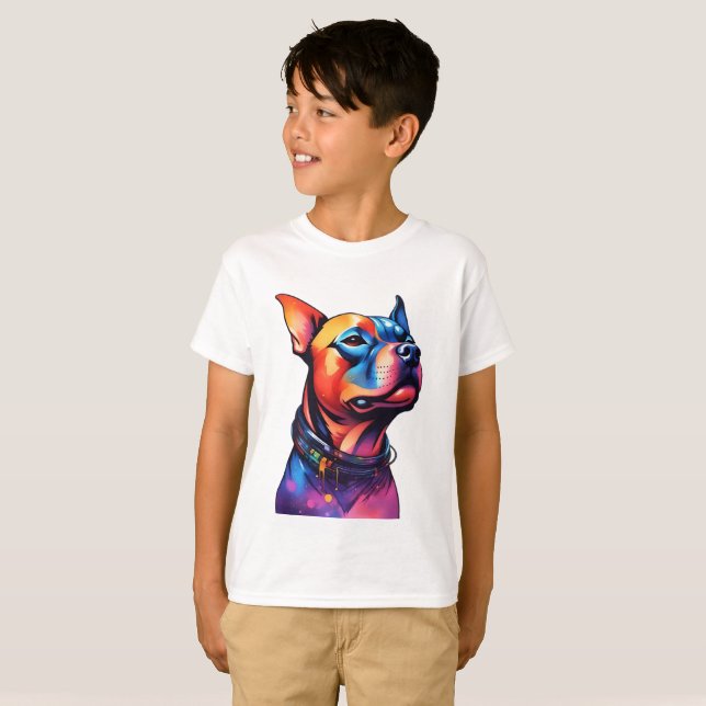 Camiseta Colorida Staffy Bull Terrier Cyberpunk Design, (Frente Completa)