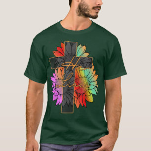 Camiseta Colorida Sunflower Faith Cross Ele Vive Jesus Chri