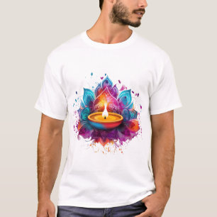 Camiseta Colorido Diwali Diya Lâmpada a Óleo Mandala Arte