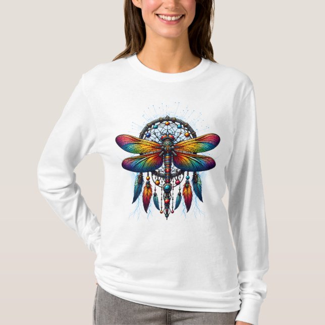 Camiseta Colorido Dreamcatcher de Libélula Psicodélico Boho (Frente)