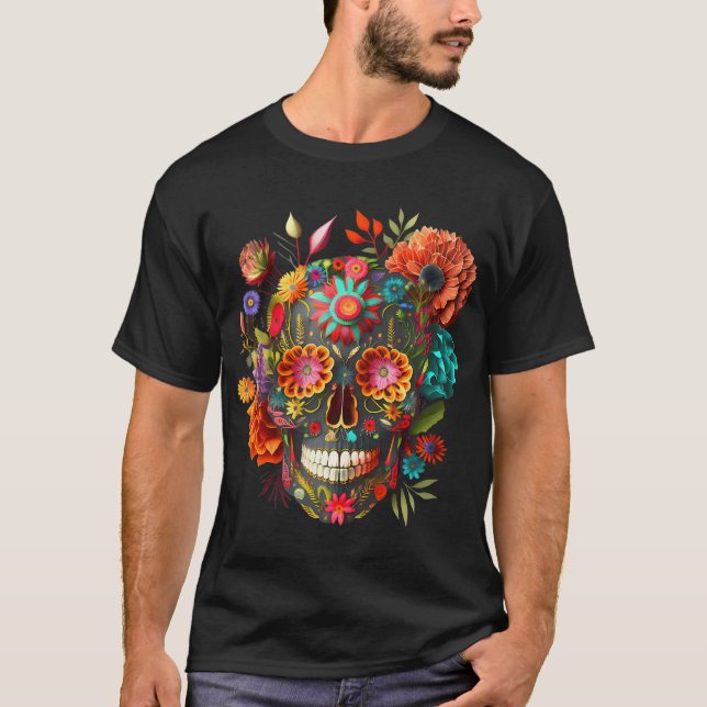 Camiseta Colorido Mexicano Flores no Halloween Catrina (Frente)