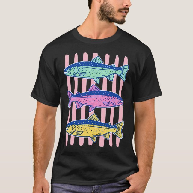 Camiseta Colorido Peixe Truta de Pesca com Mosca Retro (Frente)