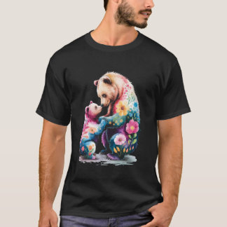 Camiseta Colorido Urso Filhote Floral Mãe Aquarela Dia das