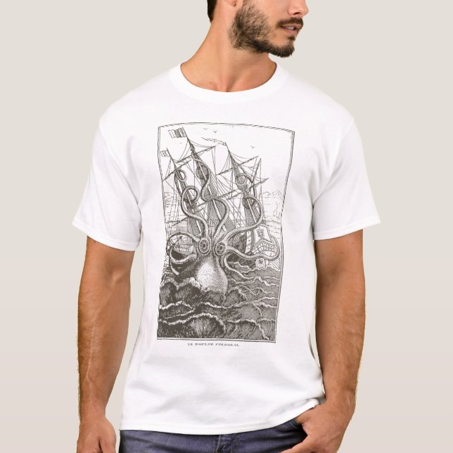 Camiseta Colossal Octopus Kraken Atacando Navio Monstro do  (Frente)
