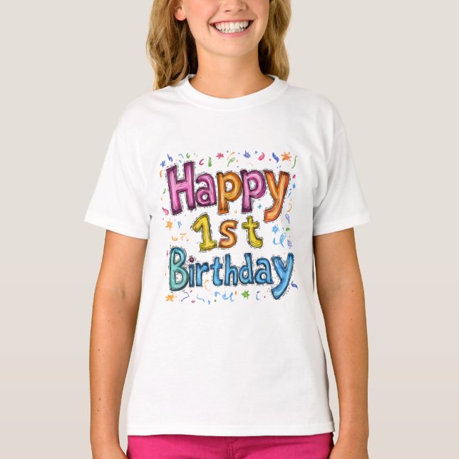 Camiseta Colourful Happy 1st Birthday Celebration Text (Frente)