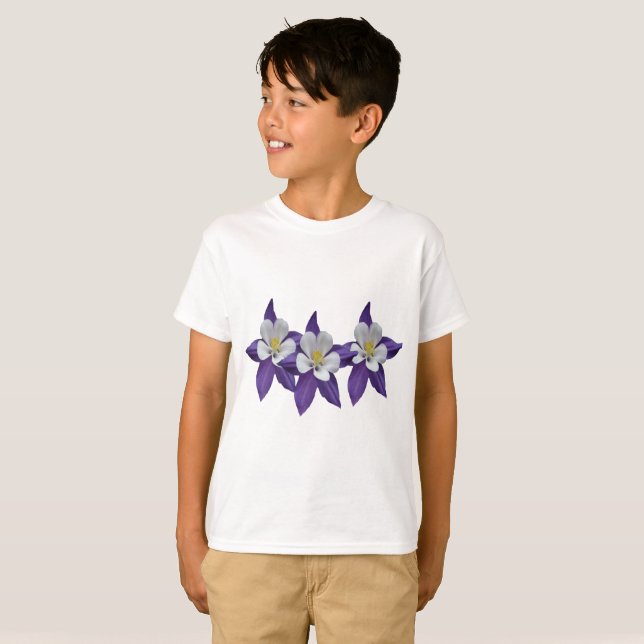 Camiseta Columbine Purple e White Flowers Crianças T-shirt (Frente Completa)