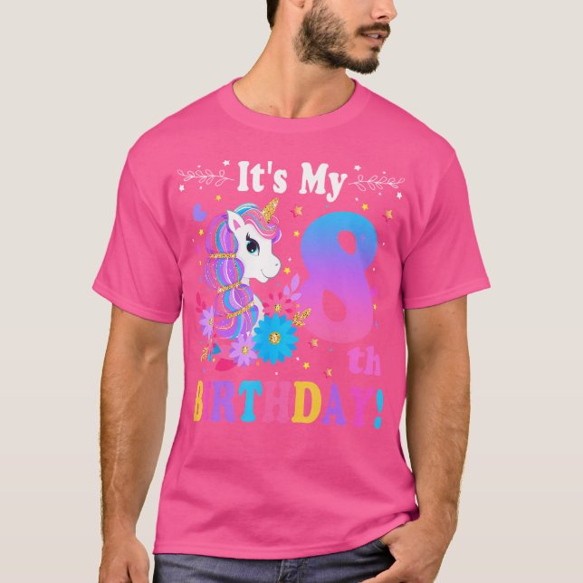 Camiseta Com 8 Anos É Meu 8º Aniversário, Cute Unicorn Kids (Frente)