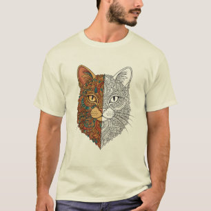 Camiseta com Arte de Mandala Floral e Rosto de Gat