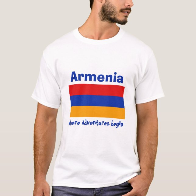 Camiseta com Bandeira da Armênia + Mapa + Texto (Frente)