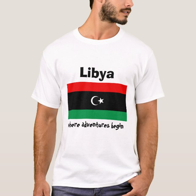 Camiseta com Bandeira da Líbia + Mapa + Texto (Frente)