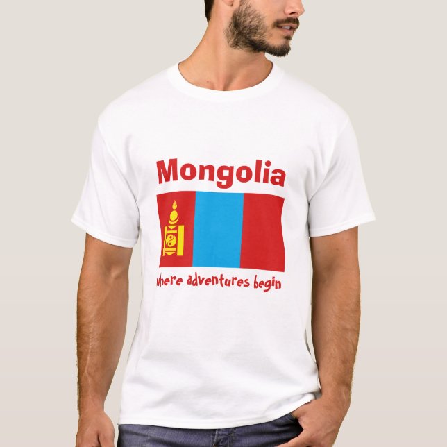 Camiseta com Bandeira da Mongólia + Mapa + Texto (Frente)