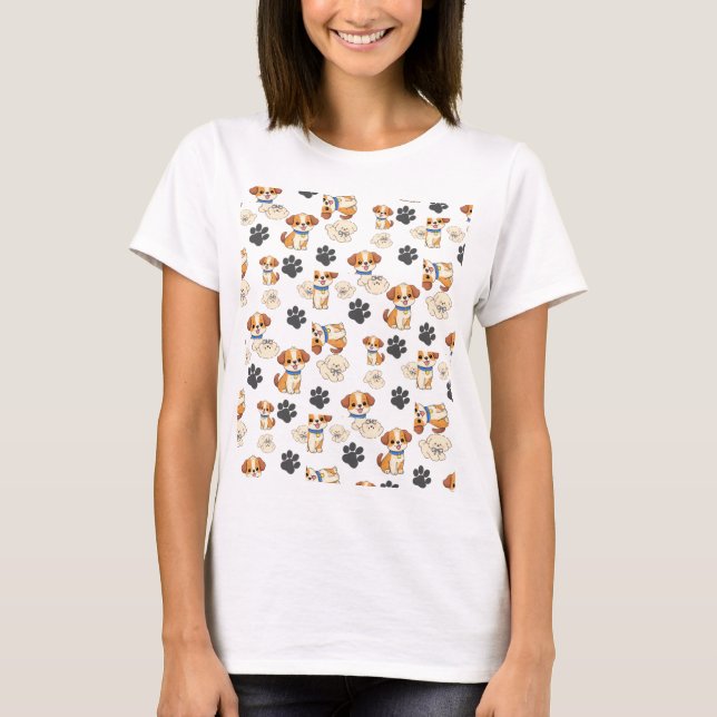 Camiseta com cachorrinho fofo e estampa de pegadas (Frente)