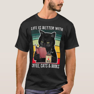 Camiseta com Café Gatos e Livros Gato Preto