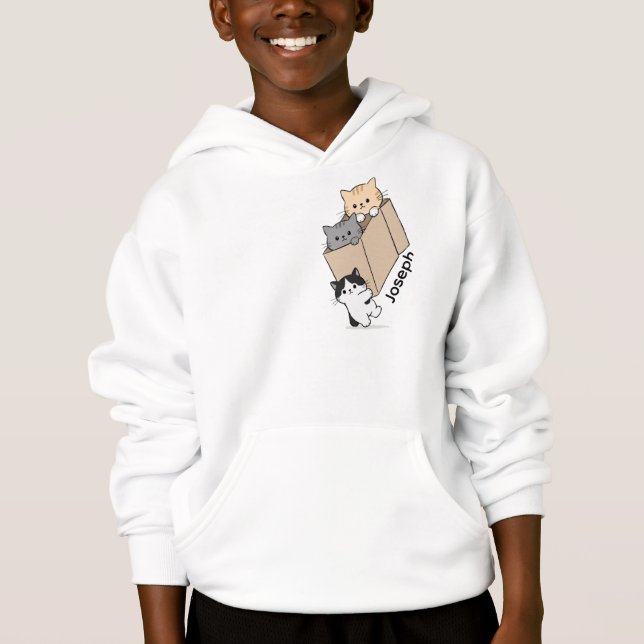 Camiseta com Capuz de Gato Fofo Sentado na Caixa E (Frente)