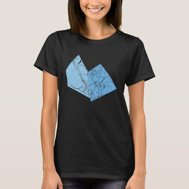 Camiseta com Cavalos  Esboço Azul Menina beijando seu Caval (Frente)
