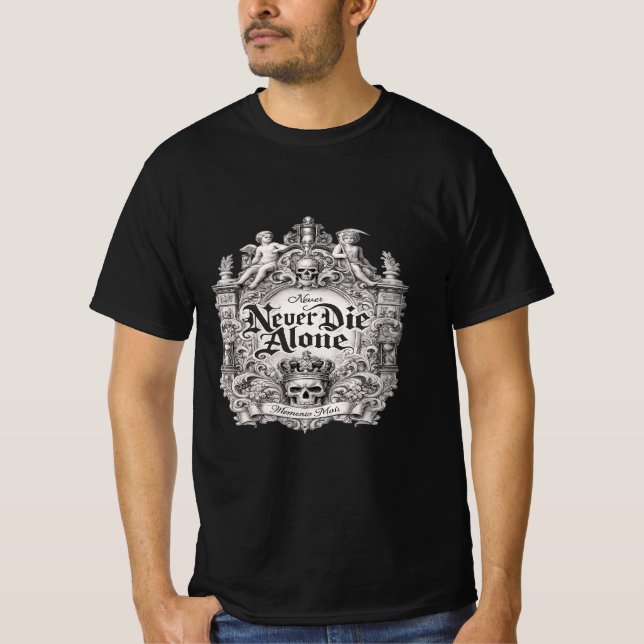 Camiseta com Citação Gótica de Caveira 'Nunca Morr (Frente)