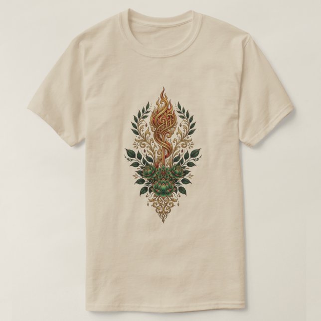 Camiseta com Crista Botânica de Chama Dourada Orna (Frente do Design)