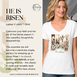 Camiseta com decote em V "Ele Ressuscitou" Pincela