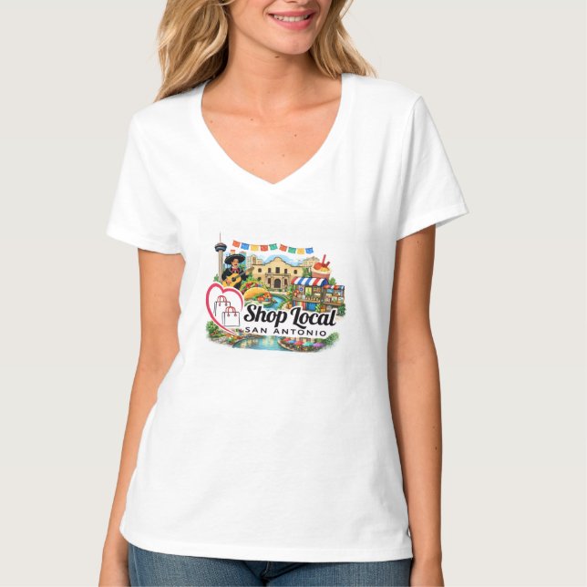 Camiseta com decote em V Shop Local San Antonio (Frente)