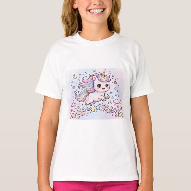 Camiseta com desenho de unicórnio e estrelas (Frente)