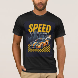 Camiseta com design de carro esportivo e gato fofo