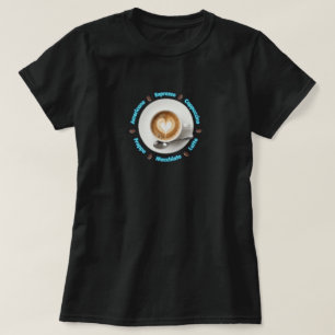 Camiseta com design de coração e leite de café
