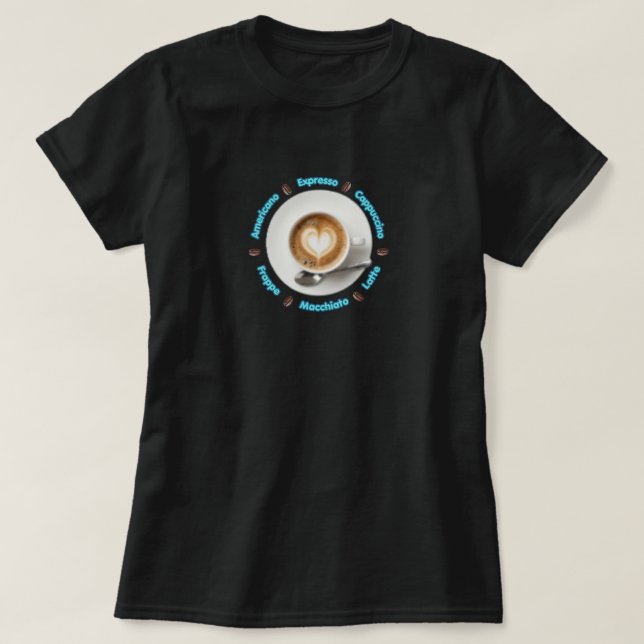Camiseta com design de coração e leite de café (Frente do Design)