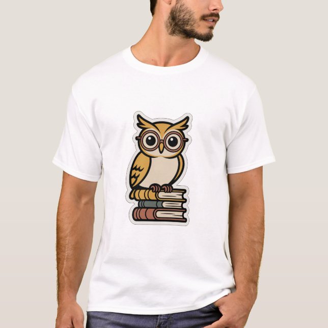 Camiseta com design de coruja estudiosa com óculos (Frente)
