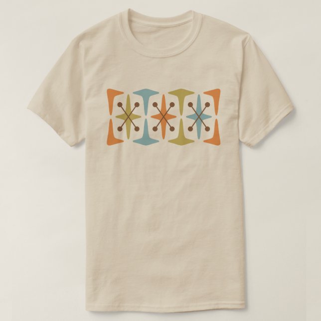 Camiseta com design de explosão cósmica modernista (Frente do Design)