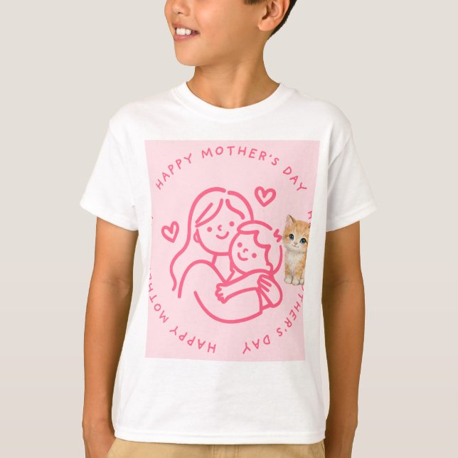 Camiseta com design de gato e mãe filho (Frente)