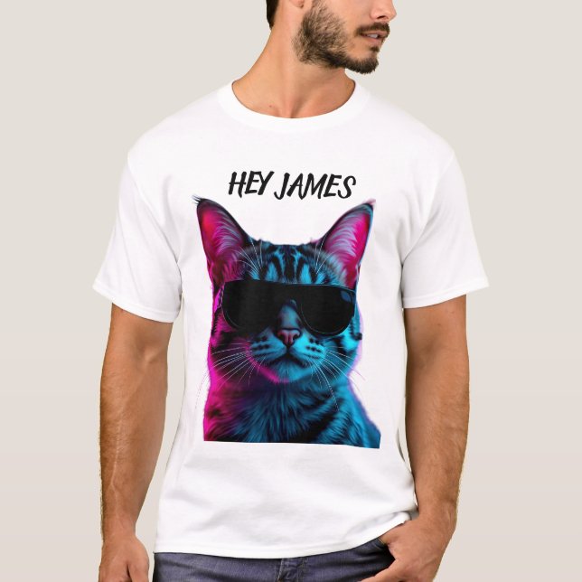 Camiseta com design de gato neon personalizado (Frente)