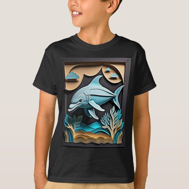 Camiseta com design de golfinho em arte de papel 3 (Frente)